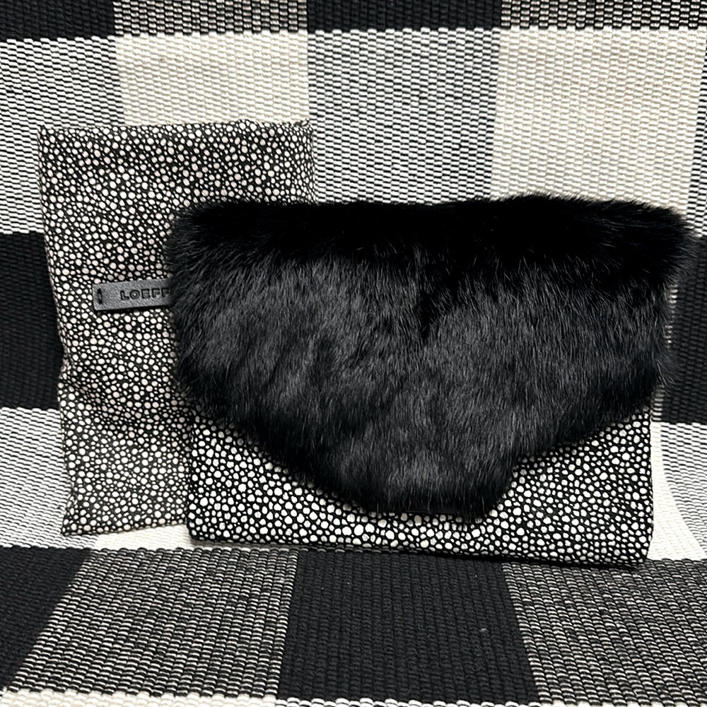 Loeffler Randall brand new black white convertible clutch crossbody fur purse